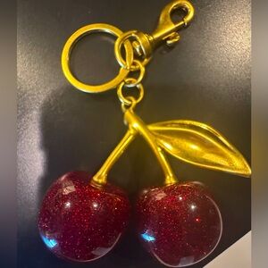 Cherry Bag Charm Keychain Gold-Tone Red Glitter